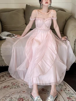 Летнее женское шифоновое однотонное тонкое платье-качели, женское платье с V-образным вырезом и завязками на спине, тонкое вечернее платье длиной до середины икры
