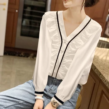 Женские блузки в весенне-летнем стиле, рубашка, Корейские свободные топы на пуговицах с V-образным вырезом и рукавом-фонариком DD9111