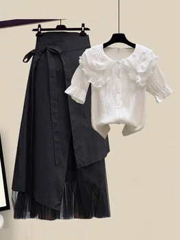 Летняя одежда для женщин, модный топ с короткими рукавами в стиле пэчворк с двойными оборками 2023 года и нерегулярная сетчатая юбка в стиле пэчворк, комплект из двух предметов