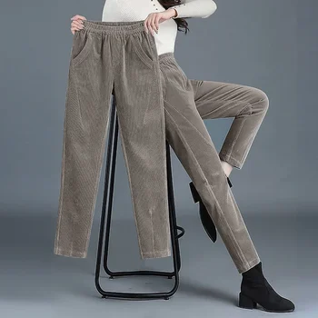 Модные вельветовые брюки Осень-зима из плотного флиса с эластичной резинкой на талии, карманы в стиле пэчворк, Прямые Свободные повседневные брюки Z702