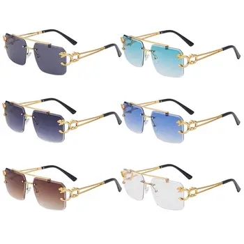 Ретро Металлические бескаркасные солнцезащитные очки без оправы в виде Гепарда Солнцезащитные очки без оправы в стиле Стимпанк