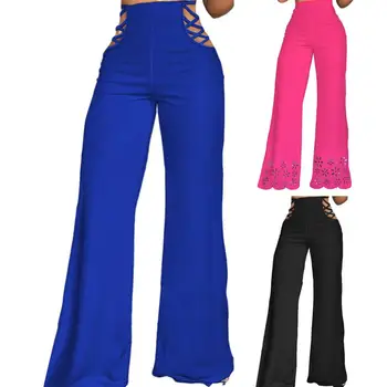 Драпированные прямые широкие брюки Женские Длинные брюки с высокой талией и цветочными манжетами Повседневные брюки Летние брюки