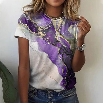 Женская футболка с 3D мраморной текстурой, футболка с принтом, летние топы с круглым вырезом и коротким рукавом, повседневная свободная базовая футболка, женский удобный топ